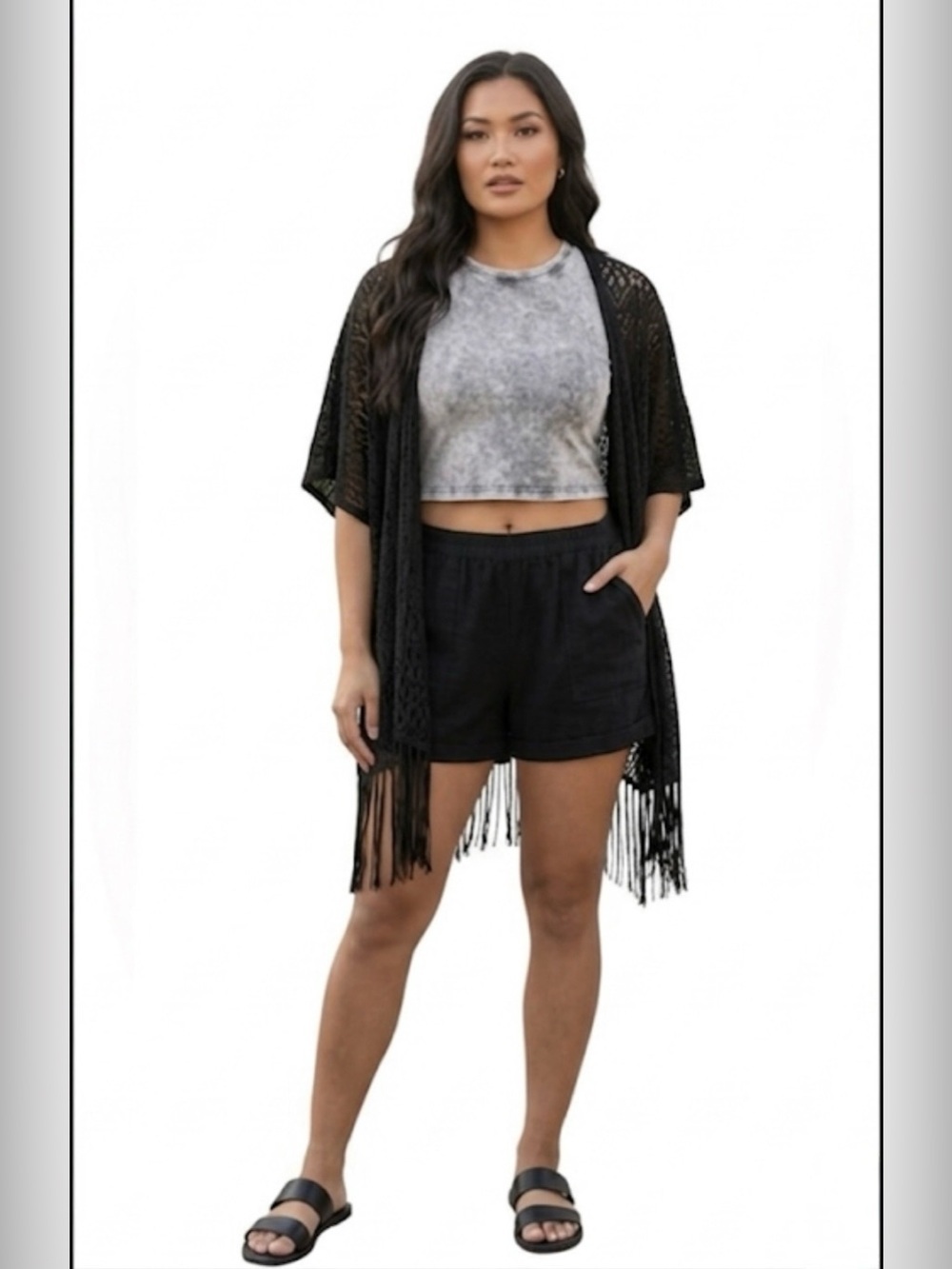 Olive Tree Black Fringe Kimono Geometric print Women’s Size S/M